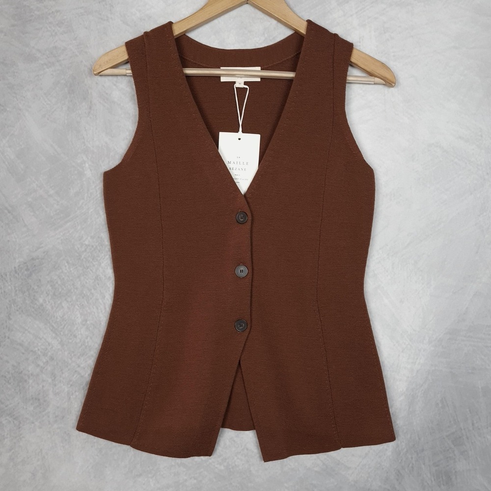 Sézane Sweater Vest Womens Medium Brown Carter Merino Wool V Neck Knit Tailored